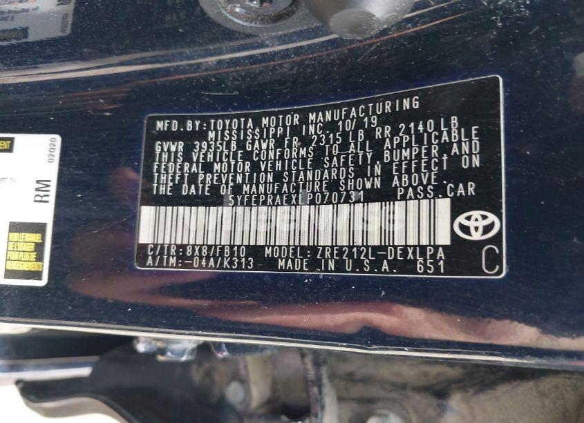 Photo 9 of 2020 Toyota Corolla LE (VIN 5YFEPRAEXLP070731)