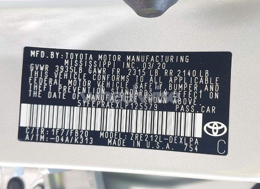 Photo 9 of 2020 Toyota Corolla LE (VIN 5YFEPRAEXLP125579)