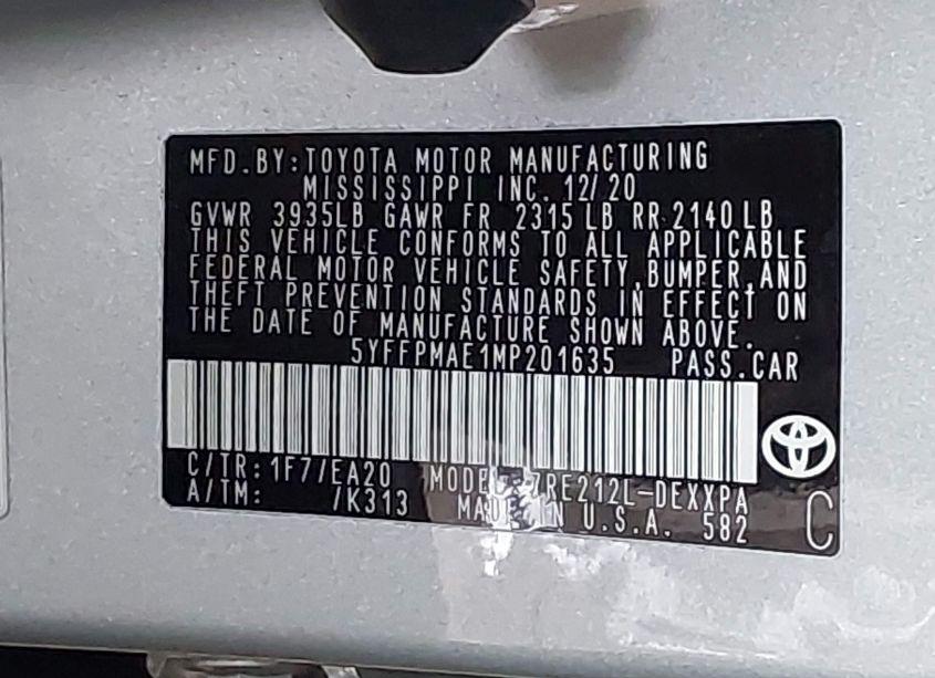 Photo 9 of 2021 Toyota Corolla XLE (VIN 5YFFPMAE1MP201635)