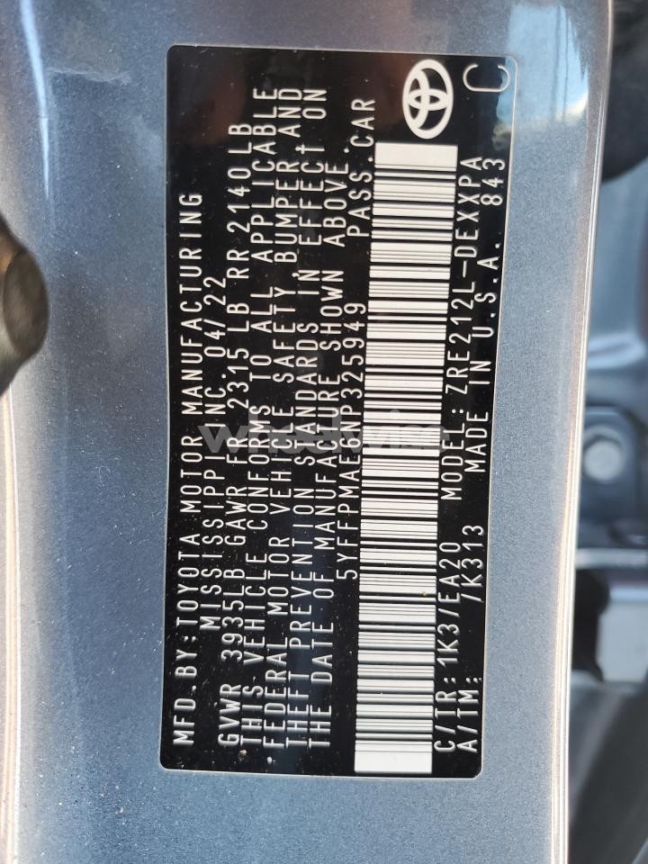 Photo 13 of 2022 TOYOTA COROLLA XLE (VIN 5YFFPMAE6NP325949)