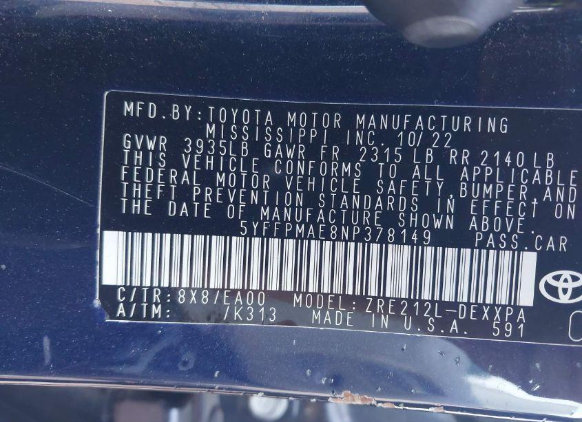 Photo 9 of 2022 Toyota Corolla XLE (VIN 5YFFPMAE8NP378149)