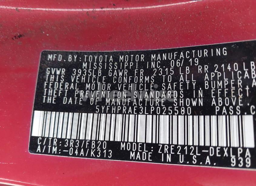 Photo 9 of 2020 Toyota Corolla LE (VIN 5YFHPRAE3LP025580)