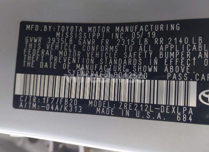 Photo 9 of 2020 Toyota Corolla LE (VIN 5YFHPRAE5LP012670)