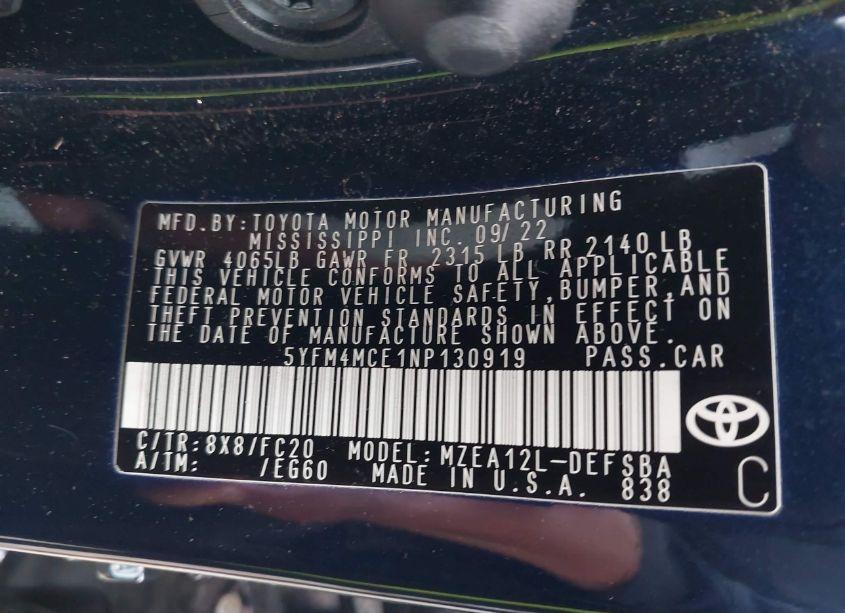 Photo 9 of 2022 Toyota Corolla SE 6MT (VIN 5YFM4MCE1NP130919)