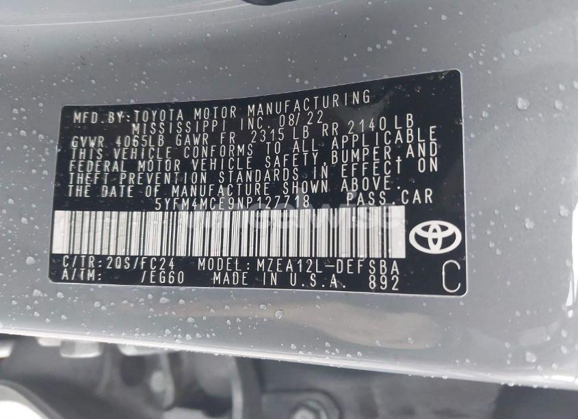 Photo 9 of 2022 Toyota Corolla SE APEX EDITION (VIN 5YFM4MCE9NP127718)