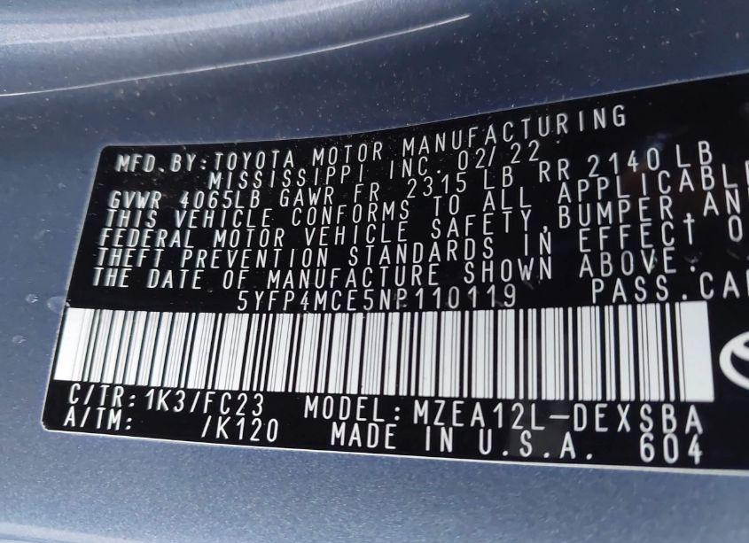 Photo 9 of 2022 Toyota Corolla SE (VIN 5YFP4MCE5NP110119)