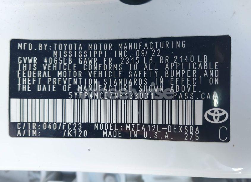 Photo 9 of 2022 Toyota Corolla SE (VIN 5YFP4MCE7NP133031)