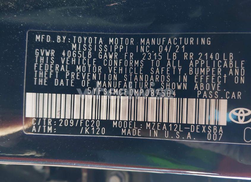 Photo 9 of 2021 Toyota Corolla SE NIGHTSHADE EDITION (VIN 5YFS4MCE0MP087504)