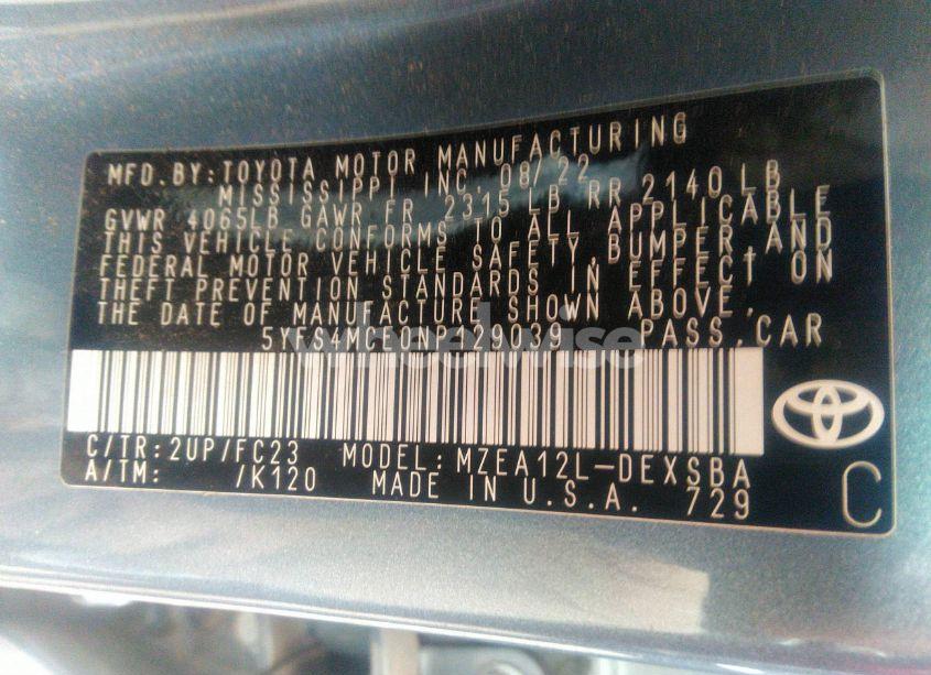 Photo 9 of 2022 Toyota Corolla SE (VIN 5YFS4MCE0NP129039)