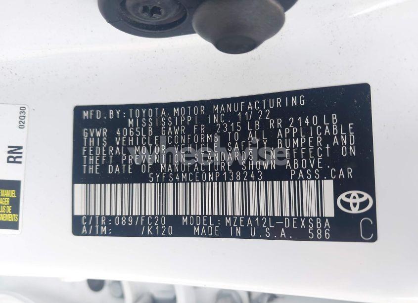 Photo 9 of 2022 Toyota Corolla SE (VIN 5YFS4MCE0NP138243)