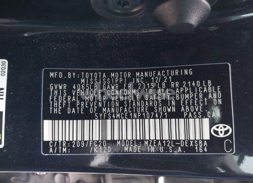 Photo 9 of 2022 Toyota Corolla SE NIGHTSHADE EDITION (VIN 5YFS4MCE1NP107471)