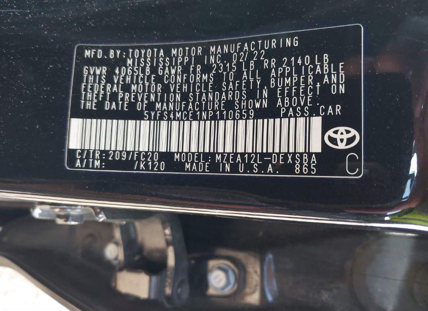 Photo 9 of 2022 Toyota Corolla SE (VIN 5YFS4MCE1NP110659)