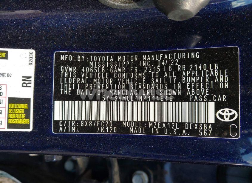 Photo 9 of 2022 Toyota Corolla SE (VIN 5YFS4MCE1NP114646)