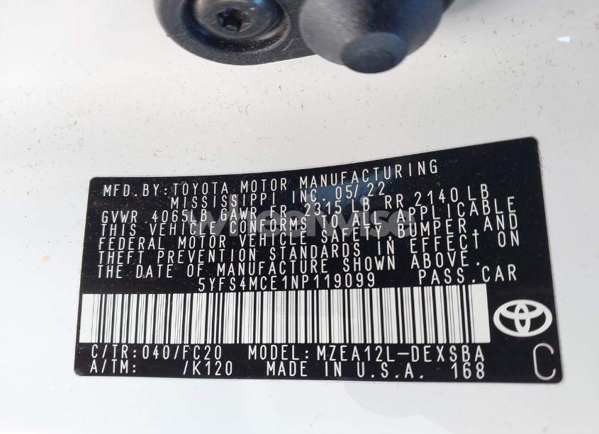 Photo 9 of 2022 Toyota Corolla SE NIGHTSHADE EDITION (VIN 5YFS4MCE1NP119099)