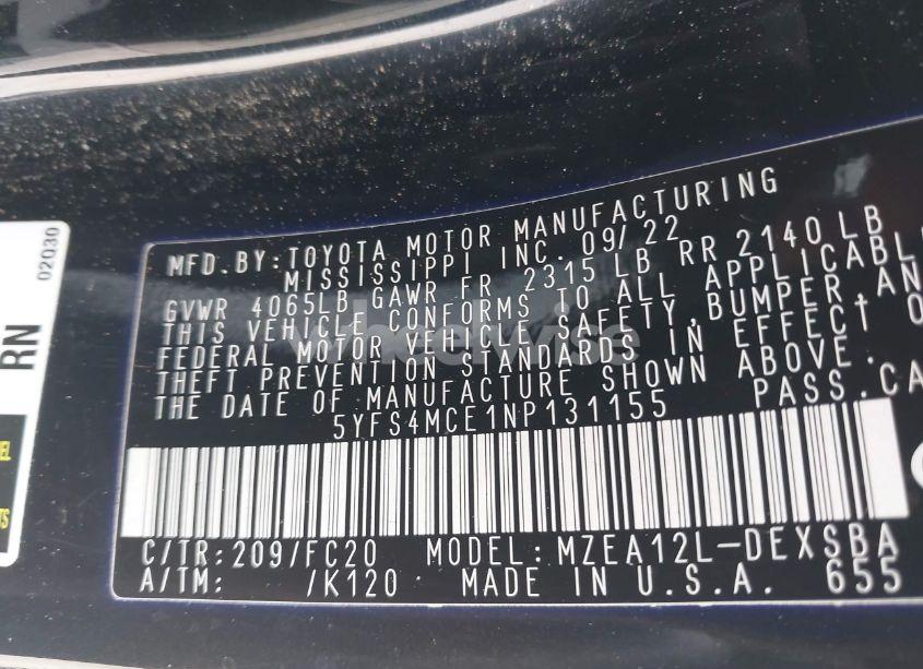 Photo 9 of 2022 Toyota Corolla SE (VIN 5YFS4MCE1NP131155)