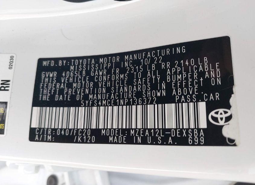 Photo 9 of 2022 Toyota Corolla SE (VIN 5YFS4MCE1NP136372)