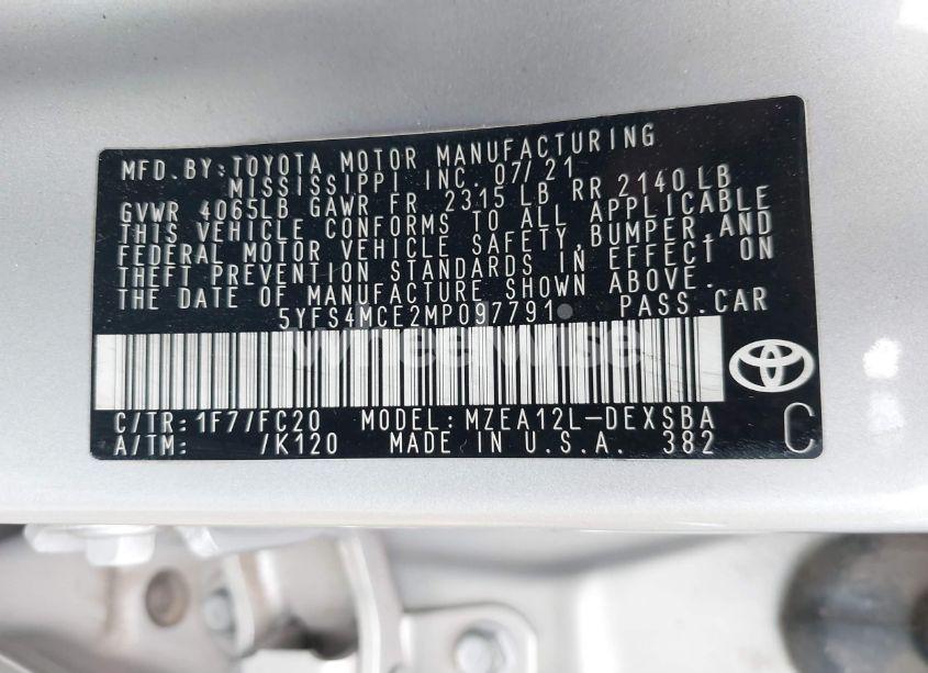 Photo 9 of 2021 Toyota Corolla SE (VIN 5YFS4MCE2MP097791)