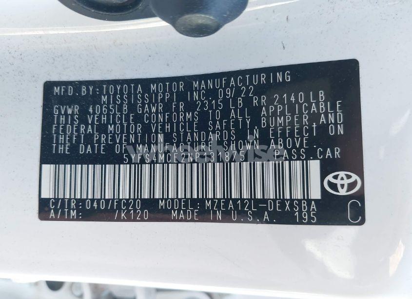 Photo 9 of 2022 Toyota Corolla SE (VIN 5YFS4MCE2NP131875)