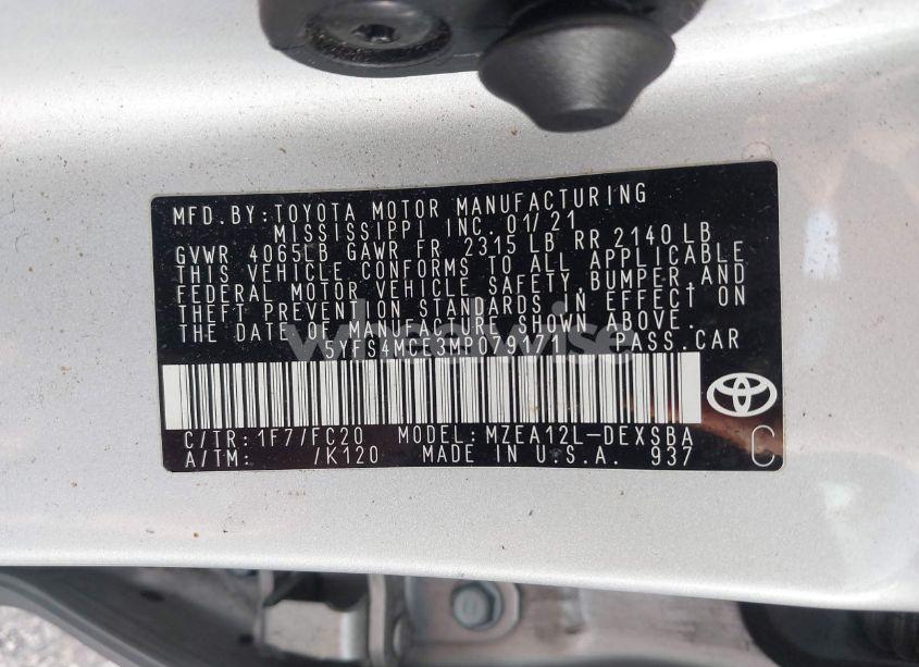 Photo 9 of 2021 Toyota Corolla SE (VIN 5YFS4MCE3MP079171)