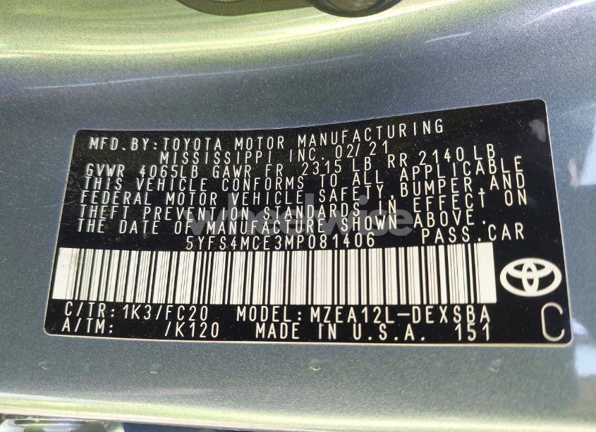 Photo 9 of 2021 Toyota Corolla SE (VIN 5YFS4MCE3MP081406)