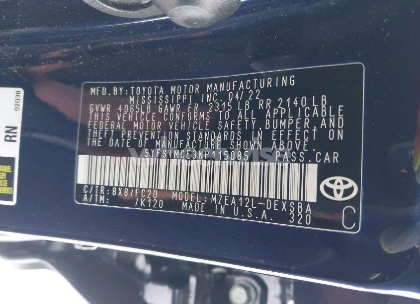 Photo 9 of 2022 Toyota Corolla SE (VIN 5YFS4MCE3NP115085)