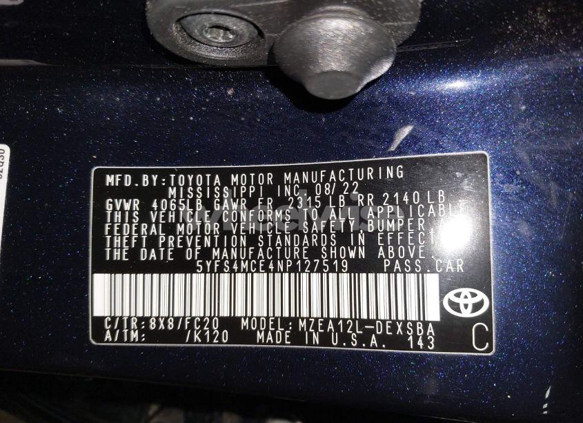 Photo 9 of 2022 Toyota Corolla SE (VIN 5YFS4MCE4NP127519)