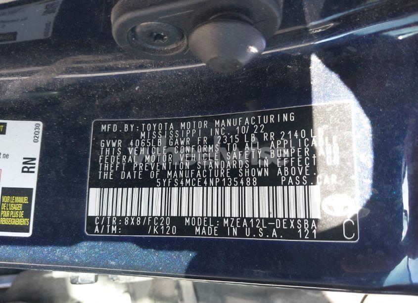 Photo 9 of 2022 Toyota Corolla SE (VIN 5YFS4MCE4NP135488)