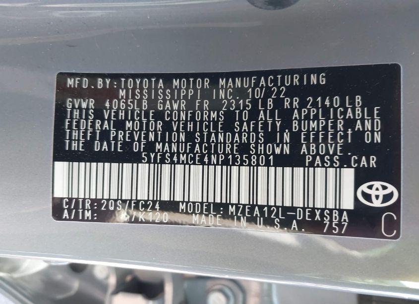 Photo 9 of 2022 Toyota Corolla SE APEX EDITION (VIN 5YFS4MCE4NP135801)