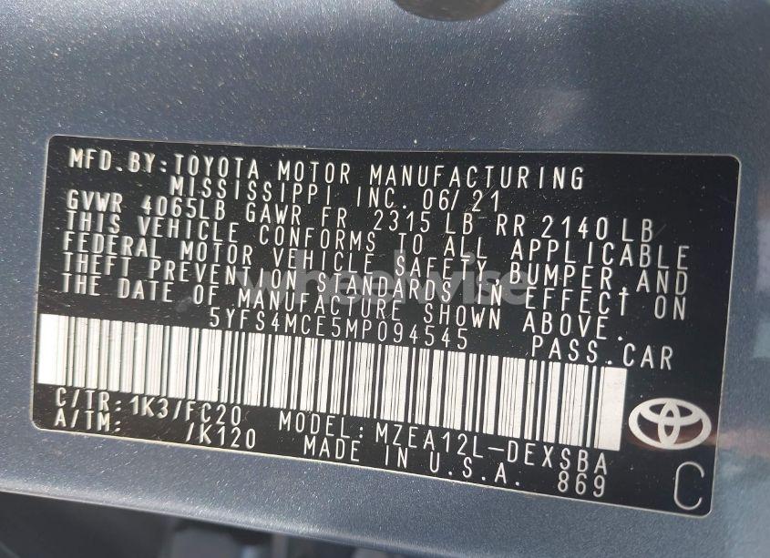 Photo 9 of 2021 Toyota Corolla SE (VIN 5YFS4MCE5MP094545)