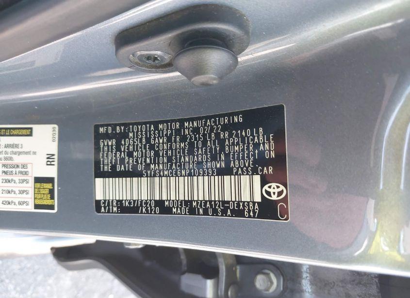 Photo 9 of 2022 Toyota Corolla SE (VIN 5YFS4MCE6NP109393)