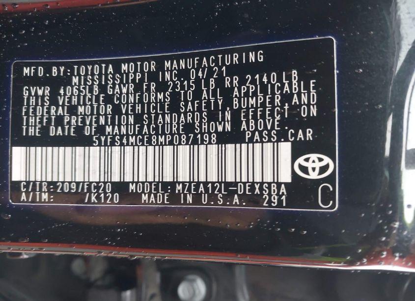 Photo 9 of 2021 Toyota Corolla SE (VIN 5YFS4MCE8MP087198)