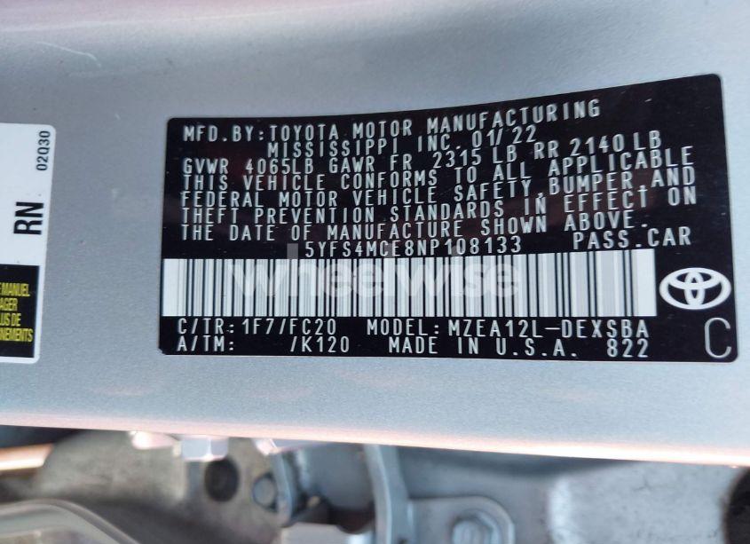 Photo 9 of 2022 Toyota Corolla SE NIGHTSHADE EDITION (VIN 5YFS4MCE8NP108133)