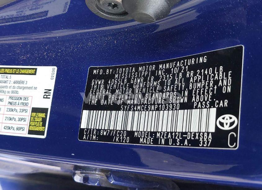 Photo 9 of 2022 Toyota Corolla SE (VIN 5YFS4MCE9NP103930)