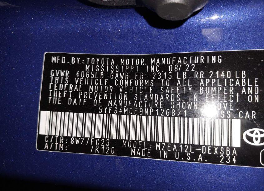 Photo 9 of 2022 Toyota Corolla SE (VIN 5YFS4MCE9NP126821)