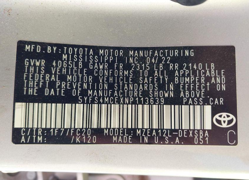 Photo 9 of 2022 Toyota Corolla SE (VIN 5YFS4MCEXNP113639)