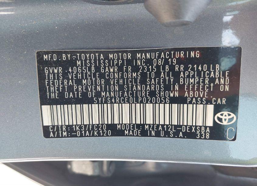 Photo 9 of 2020 Toyota Corolla SE (VIN 5YFS4RCE0LP020056)