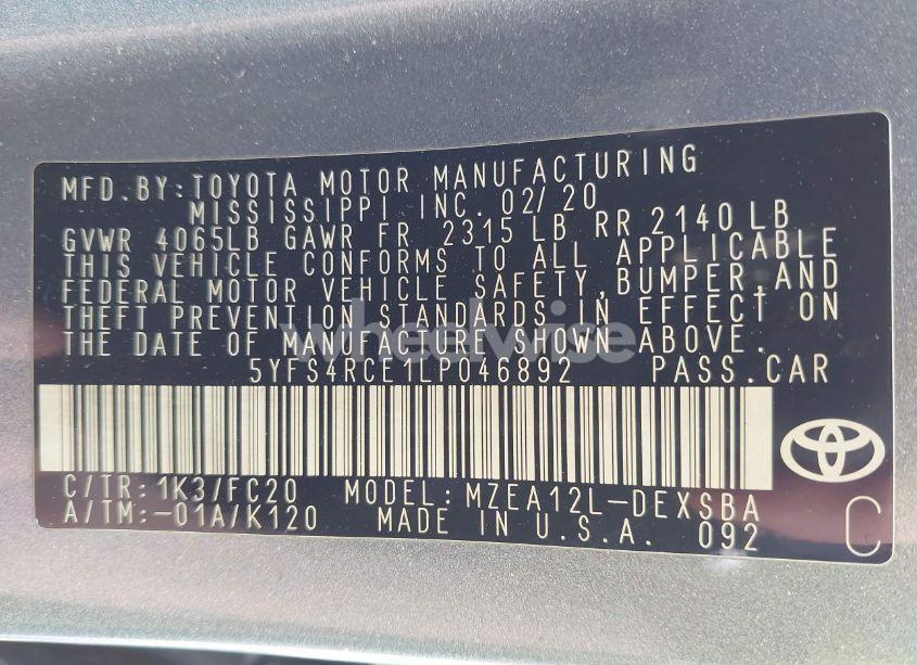 Photo 9 of 2020 Toyota Corolla SE (VIN 5YFS4RCE1LP046892)