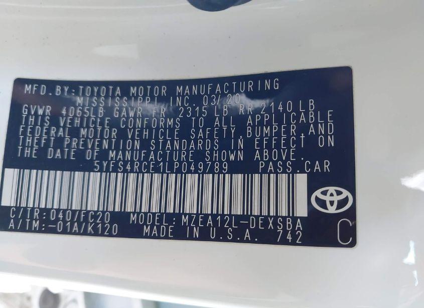 Photo 9 of 2020 Toyota Corolla SE NIGHTSHADE EDITION (VIN 5YFS4RCE1LP049789)