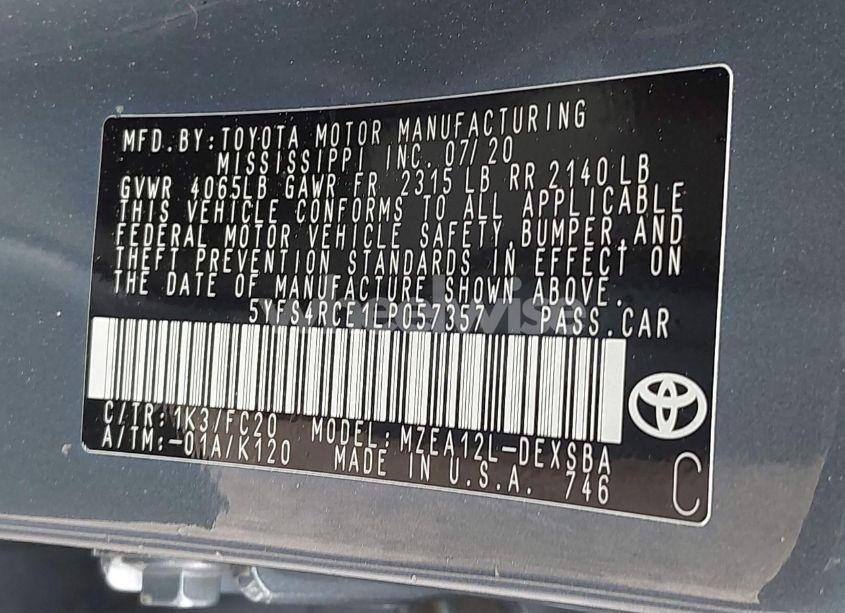 Photo 9 of 2020 Toyota Corolla SE/SE NIGHTSHADE EDITION (VIN 5YFS4RCE1LP057357)