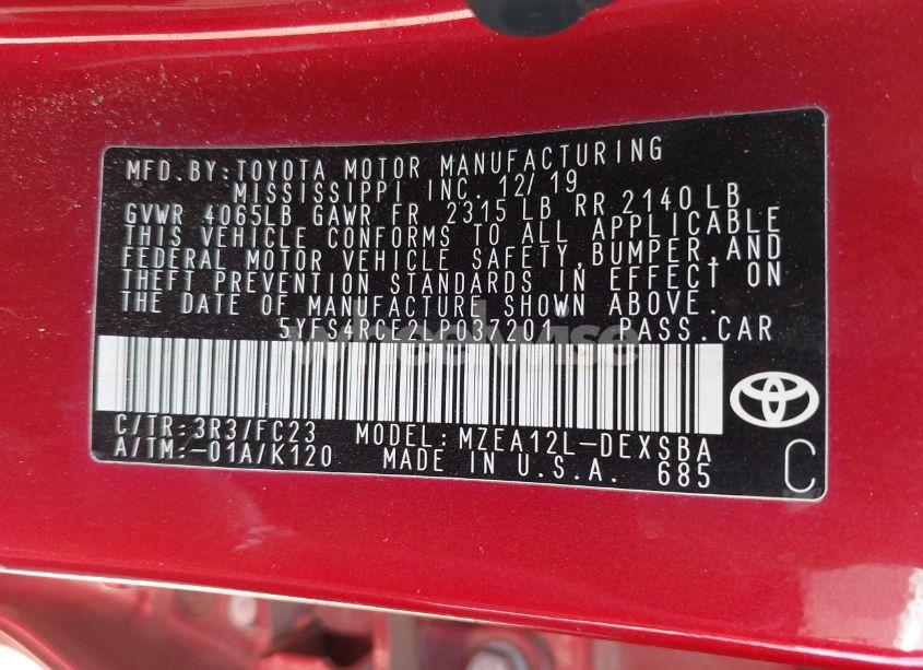 Photo 9 of 2020 Toyota Corolla SE (VIN 5YFS4RCE2LP037201)