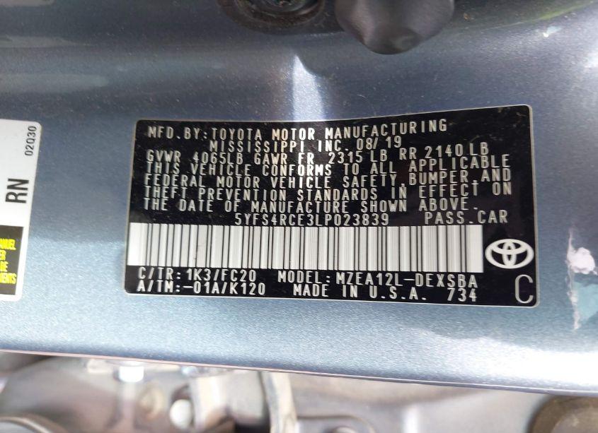 Photo 9 of 2020 Toyota Corolla SE (VIN 5YFS4RCE3LP023839)