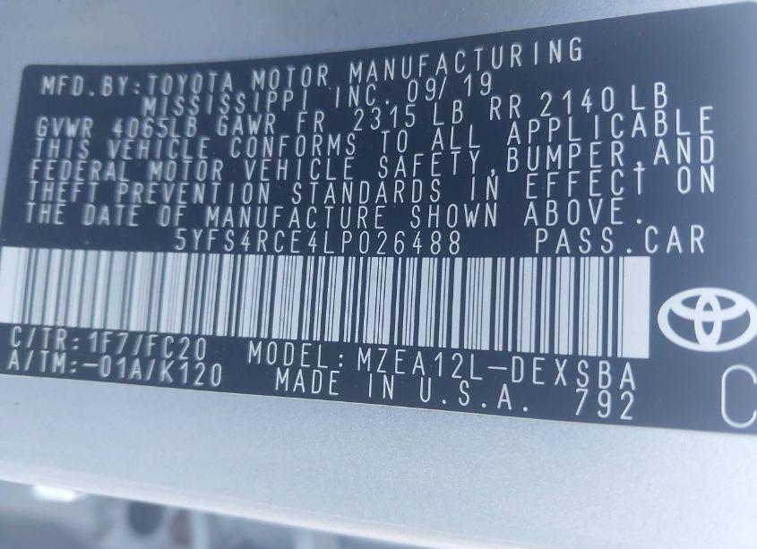 Photo 9 of 2020 Toyota Corolla SE (VIN 5YFS4RCE4LP026488)