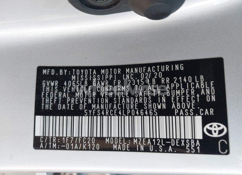 Photo 8 of 2020 Toyota Corolla SE (VIN 5YFS4RCE4LP046465)