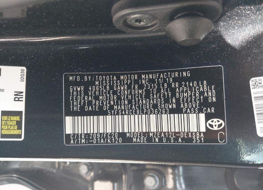 Photo 9 of 2020 Toyota Corolla SE NIGHTSHADE EDITION (VIN 5YFS4RCE8LP036263)