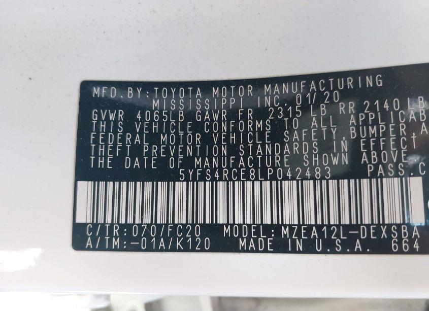 Photo 9 of 2020 Toyota Corolla SE (VIN 5YFS4RCE8LP042483)