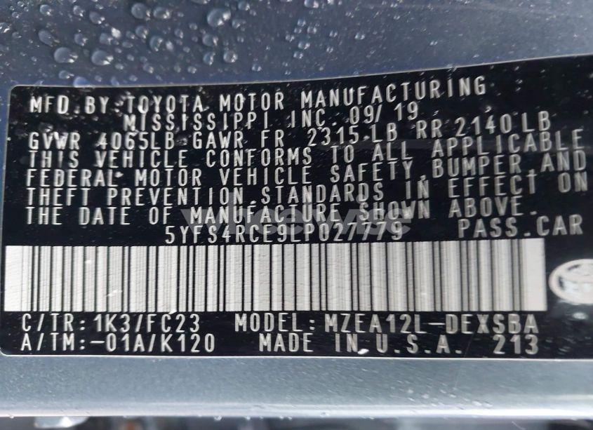 Photo 9 of 2020 Toyota Corolla SE (VIN 5YFS4RCE9LP027779)