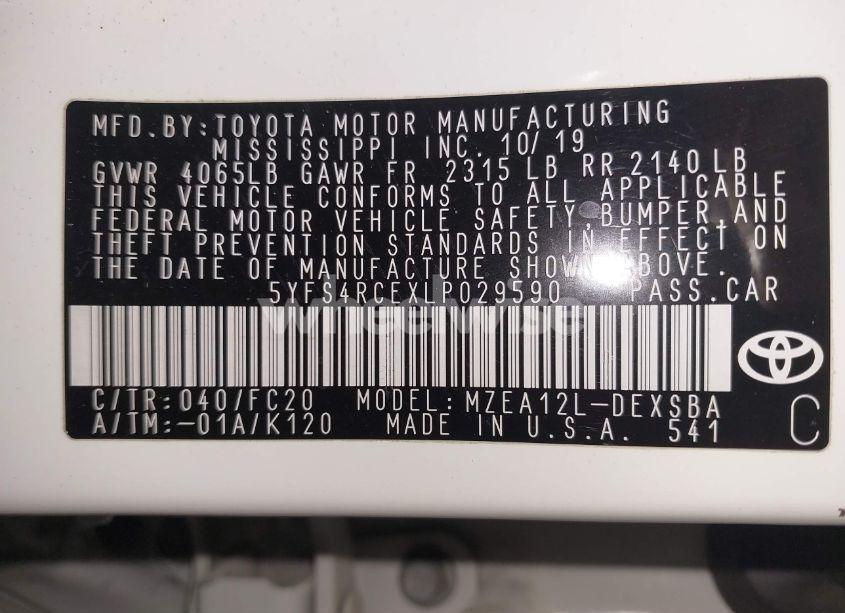 Photo 9 of 2020 Toyota Corolla SE (VIN 5YFS4RCEXLP029590)