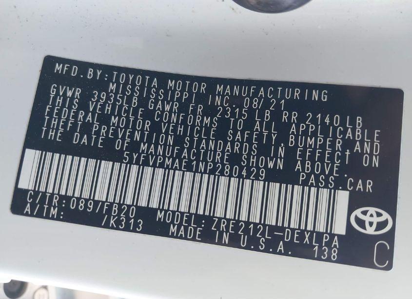 Photo 9 of 2022 Toyota Corolla LE (VIN 5YFVPMAE1NP280429)