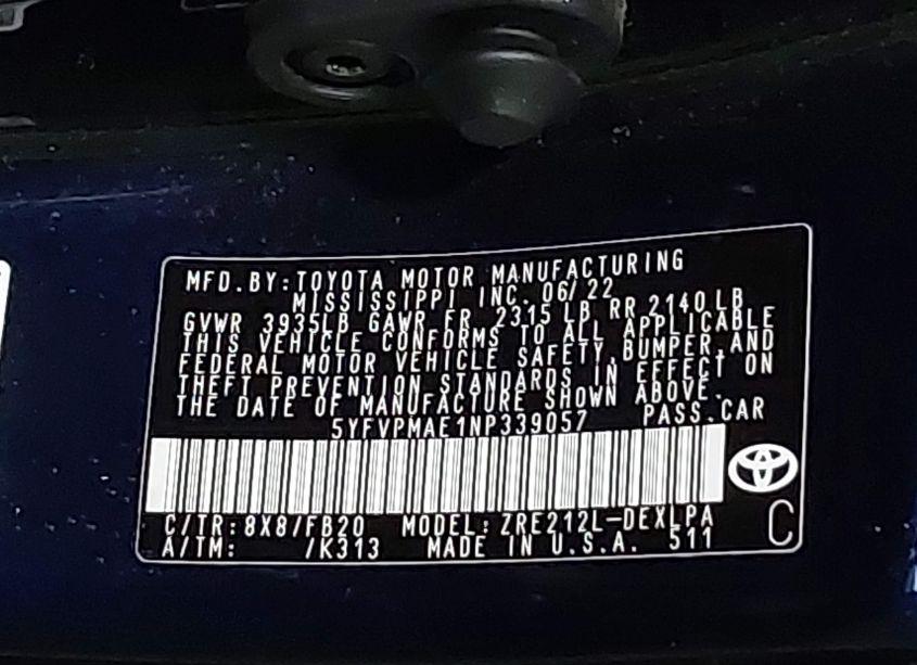 Photo 9 of 2022 Toyota Corolla LE (VIN 5YFVPMAE1NP339057)