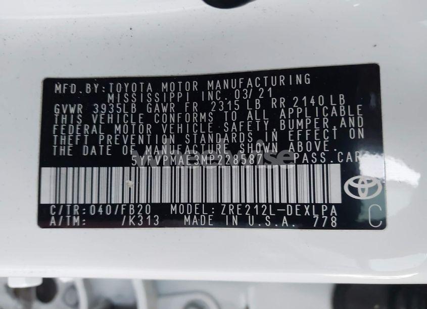 Photo 9 of 2021 Toyota Corolla LE (VIN 5YFVPMAE3MP228587)